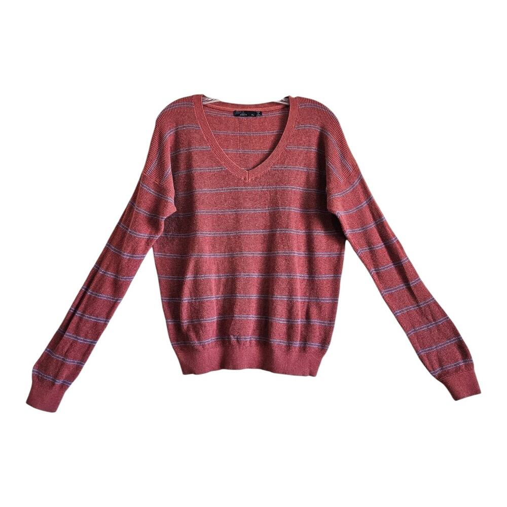PRANA Women's XL Milani Sweater Thermal V-Neck Striped Rust Blue Cotton Wool 44"